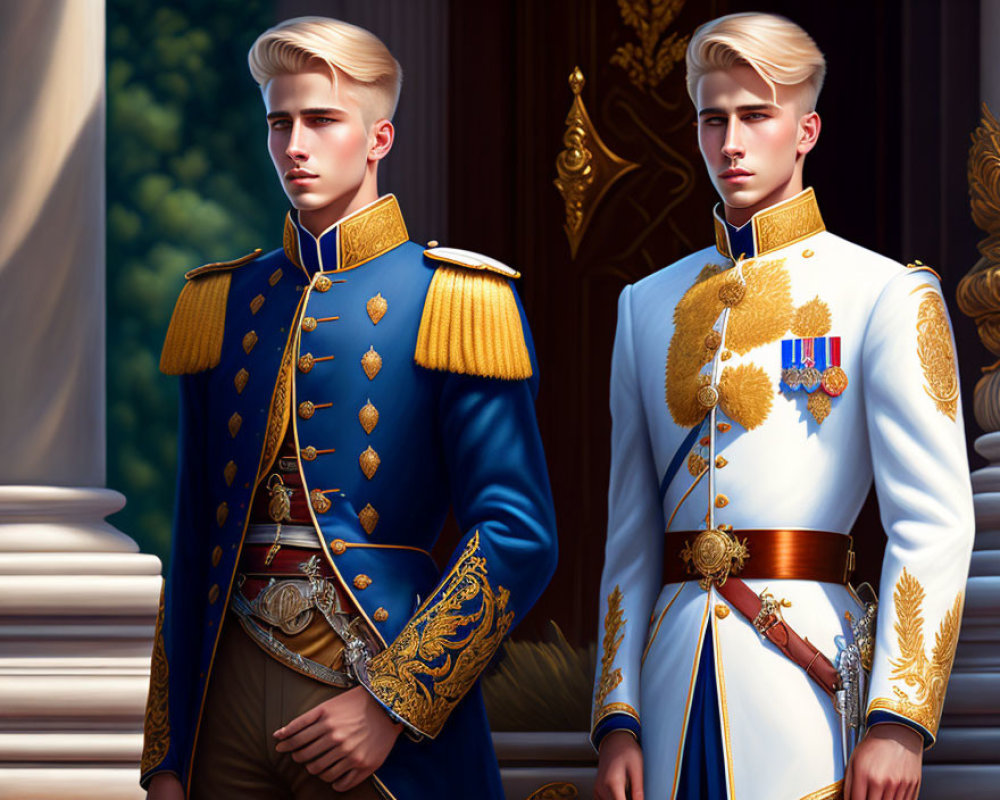 Stylized animated male figures in ornate military uniforms with gold embroidery and medals