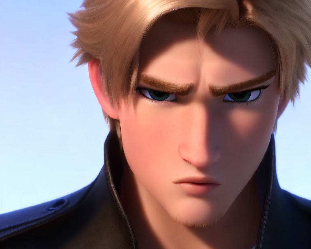 Blond-Haired 3D Animated Character in Leather Jacket with Serious Expression