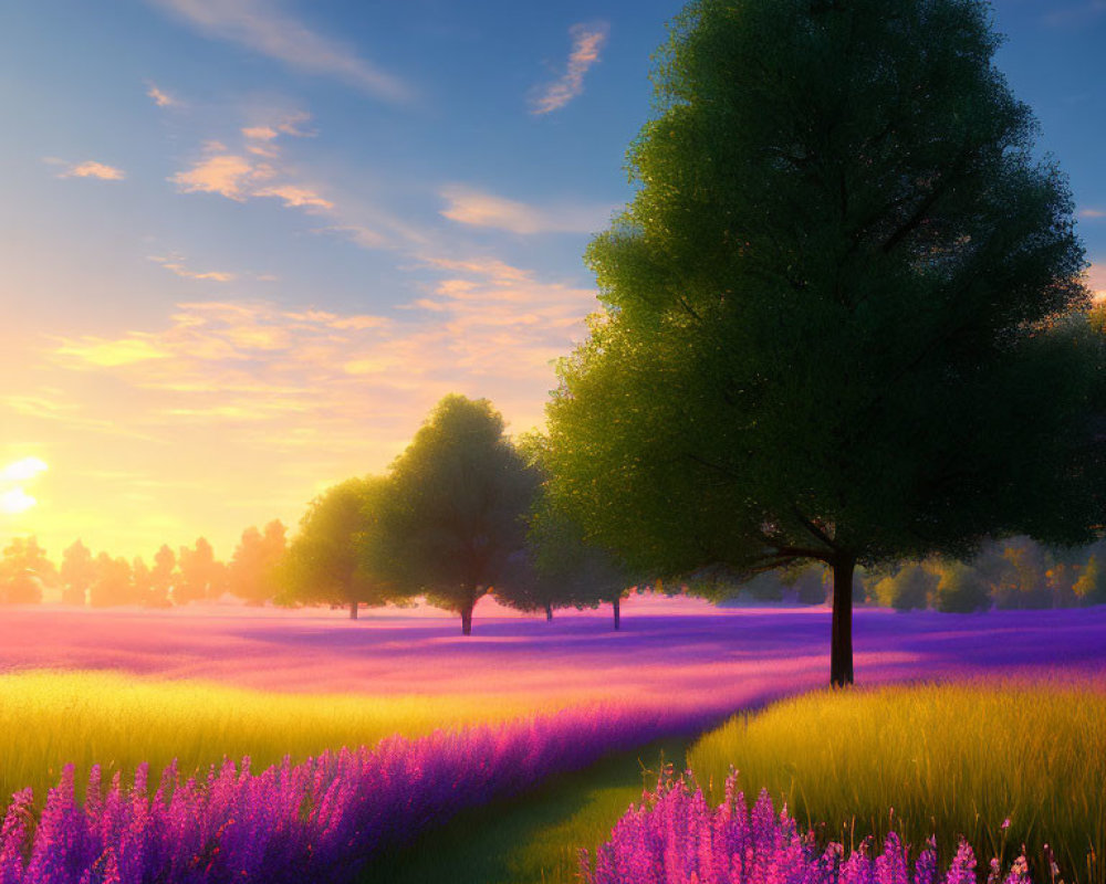 Scenic Lavender Field at Sunrise with Silhouette Trees