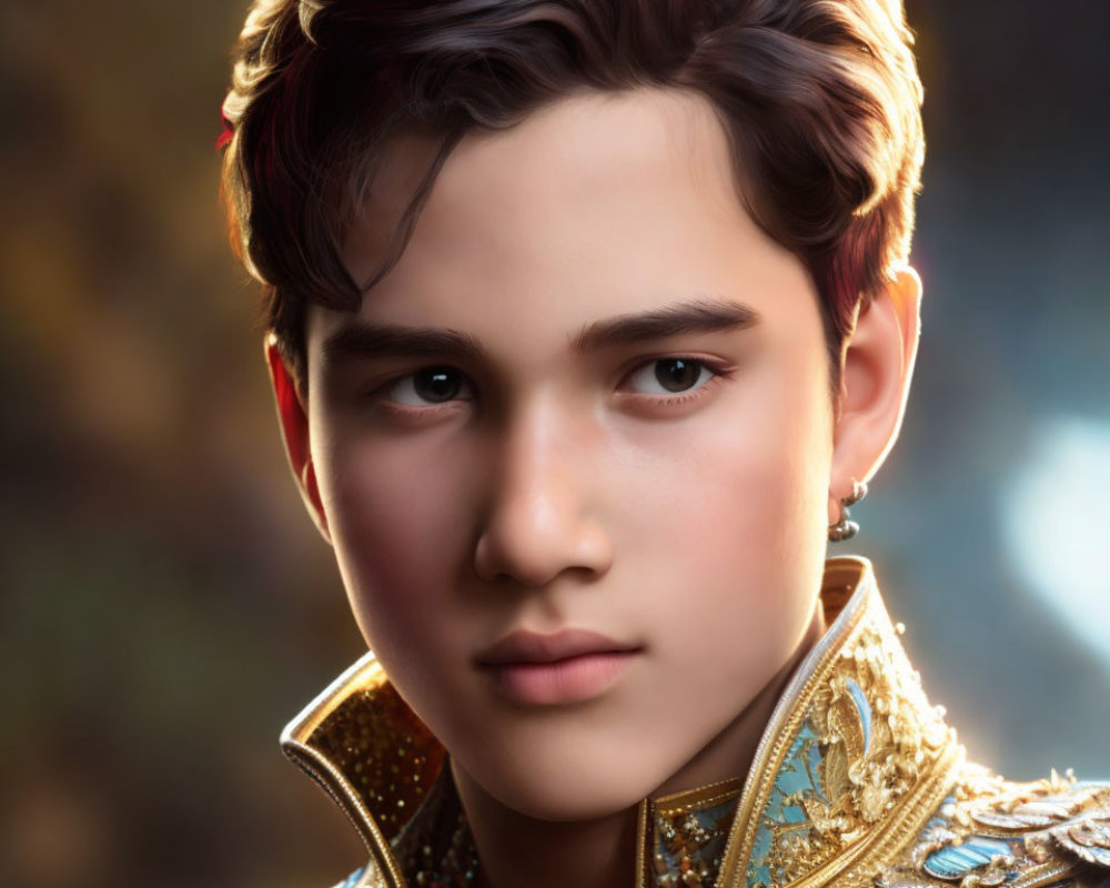 Young man in ornate golden armor with styled hair in digital artwork