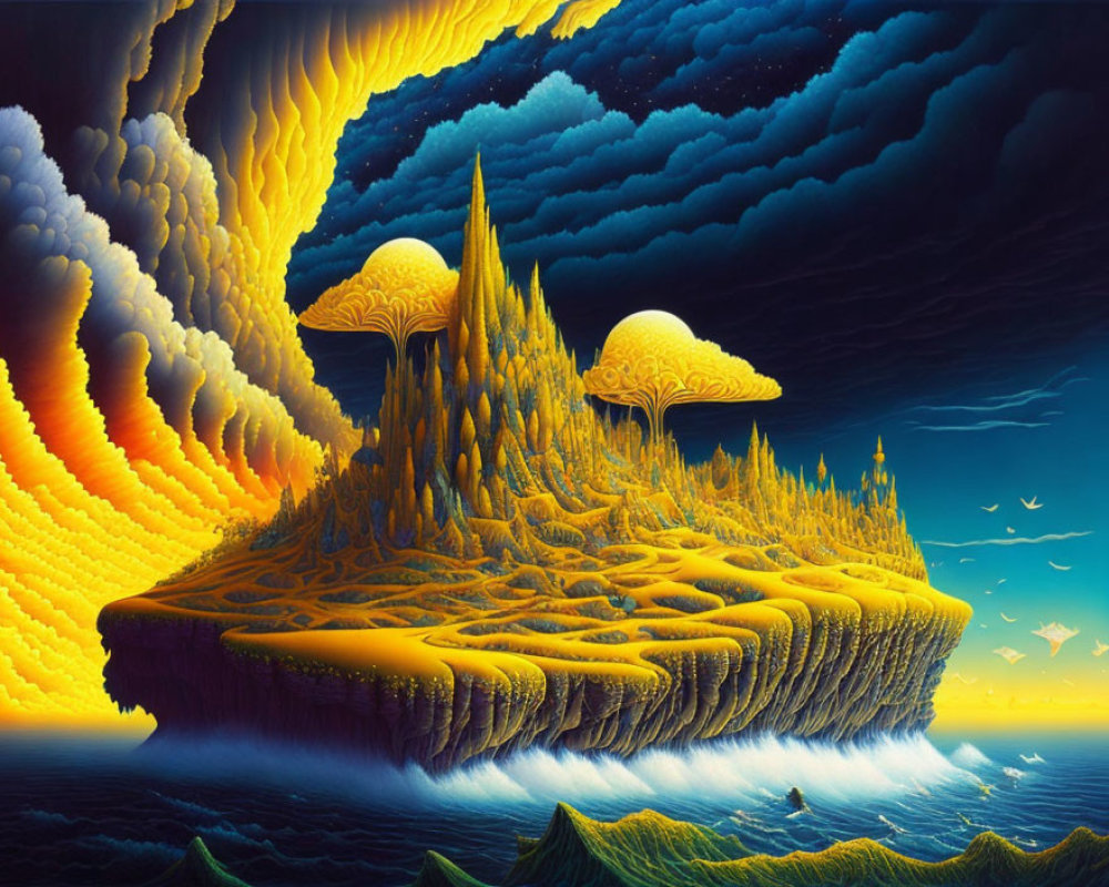 Colorful Fantasy Landscape with Floating Island & Mushroom Structures