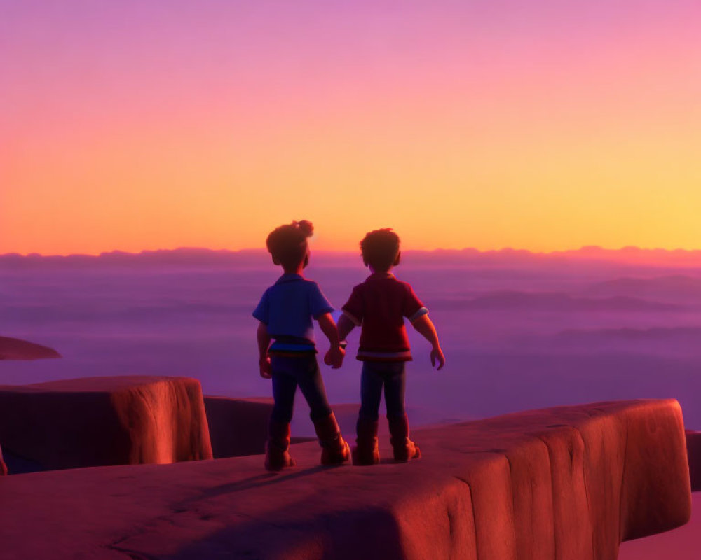 Animated characters on cliff with surreal purple and orange sunset