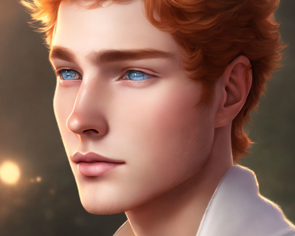 Young man with red curly hair and blue eyes in digital art