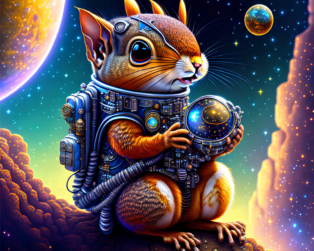 Anthropomorphic squirrel in detailed space suit with cosmic backdrop.