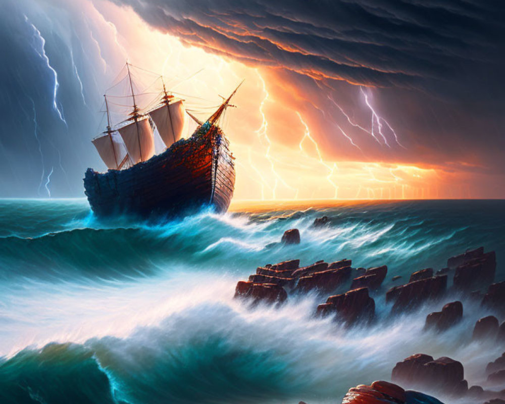 Wooden ship sailing through stormy seas with lightning strikes