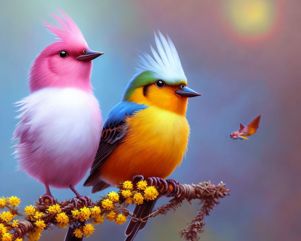 Colorful Birds and Hummingbird Perched on Branch with Yellow Flowers