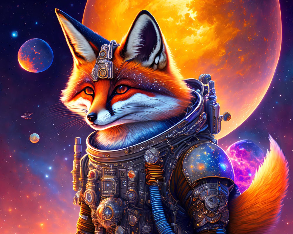 Colorful anthropomorphic fox in astronaut suit against cosmic background