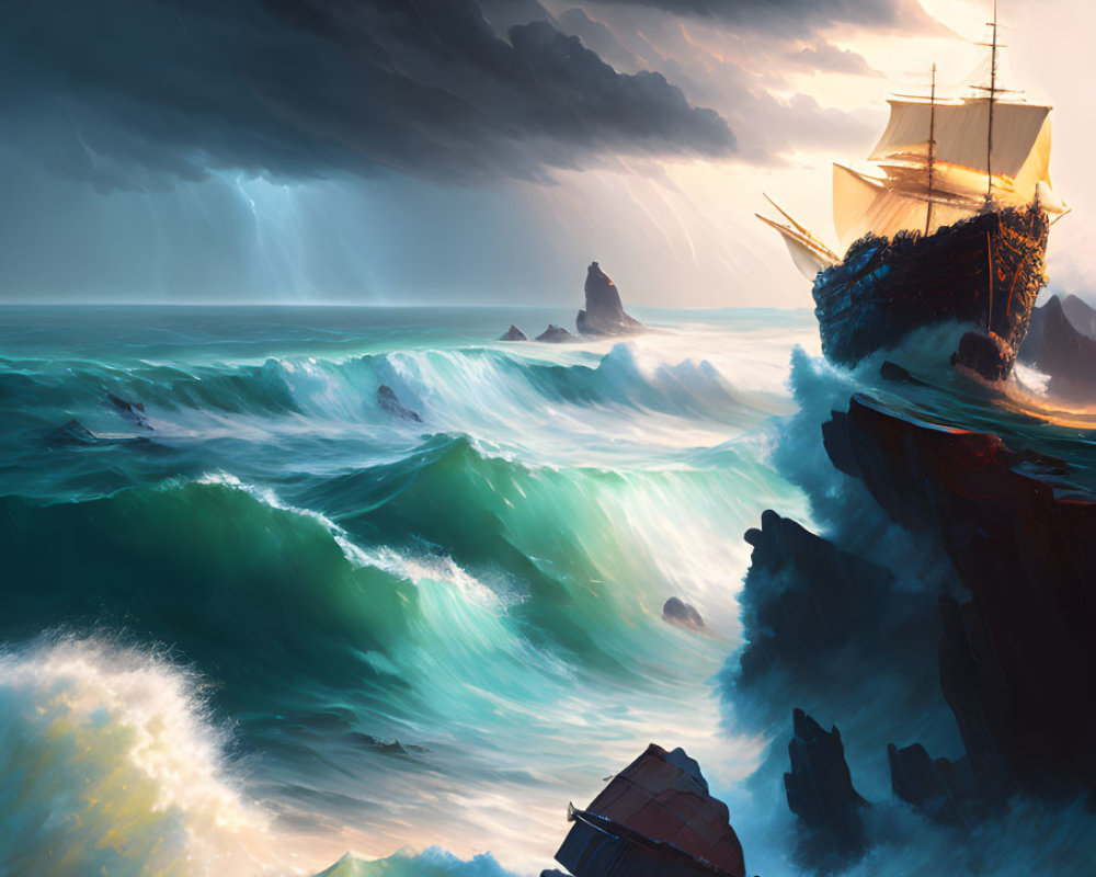 Tall ship near rocky coast in stormy weather with lightning and turbulent waves