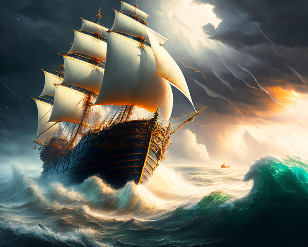 Majestic sailing ship on tumultuous seas under dramatic sky