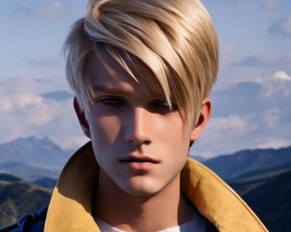 Digital artwork: Young male with blond hair, blue eyes, yellow jacket, mountain backdrop