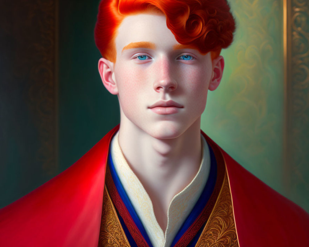 Vibrant red-haired young man in regal blue and red cloak