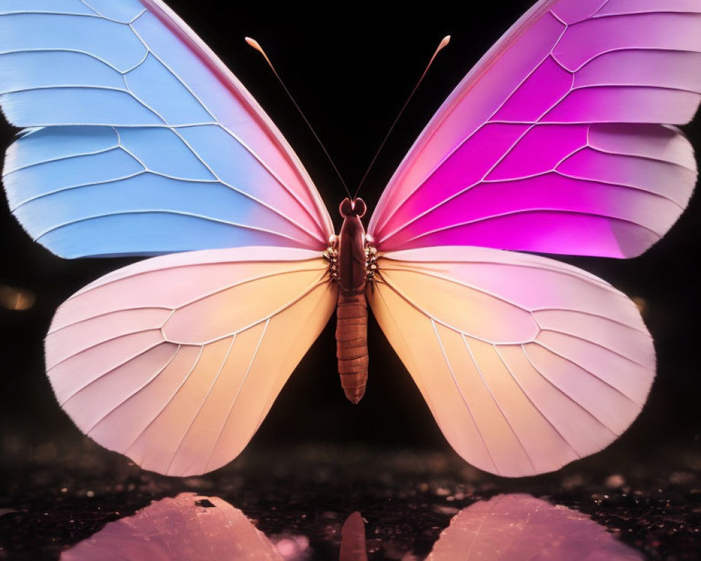 Iridescent Butterfly with Blue-to-Pink Gradient Wings on Reflective Surface