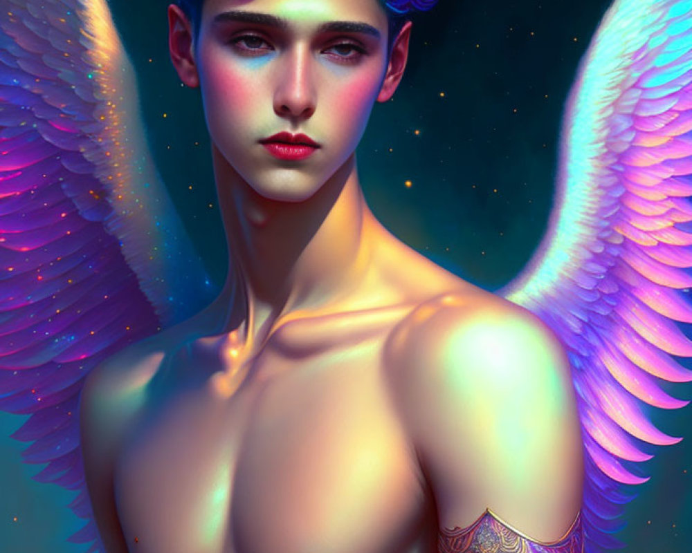 Colorful curly-haired angelic figure with white wings and ornamental arm cuff in starry background.