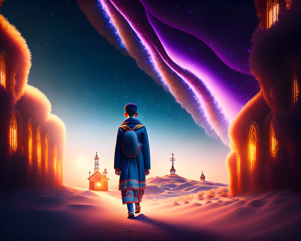 Traditional clothing figure in desert with starry sky and Middle-Eastern architecture.