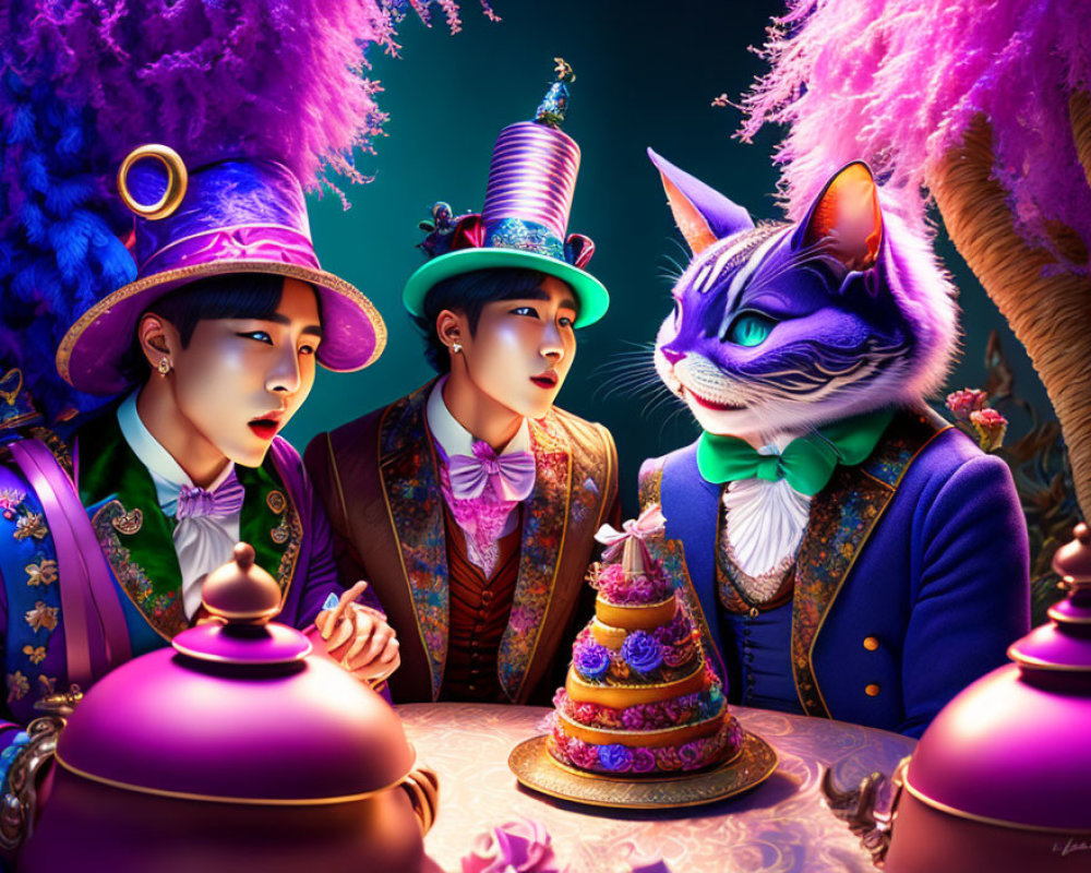 Two individuals and a cat in fancy attire with a vibrant cake and whimsical backdrop.