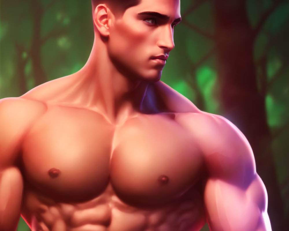 Muscular man illustration with sculpted abs and defined pecs in forest setting