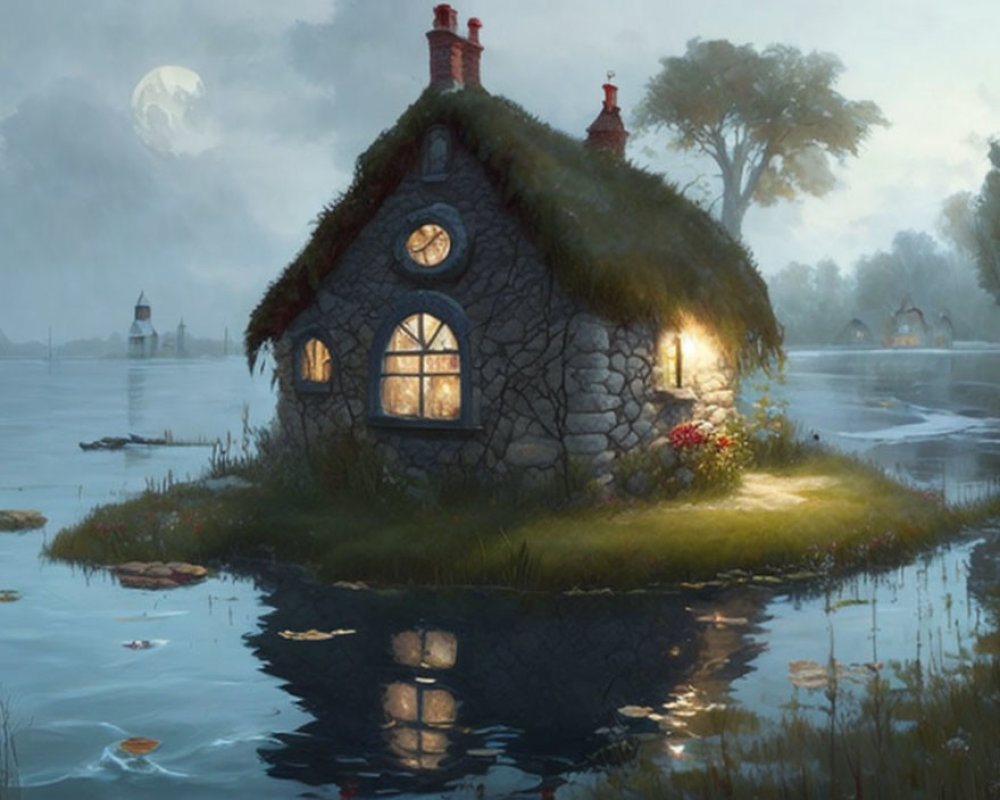 Thatched roof stone cottage on moonlit island reflected in water