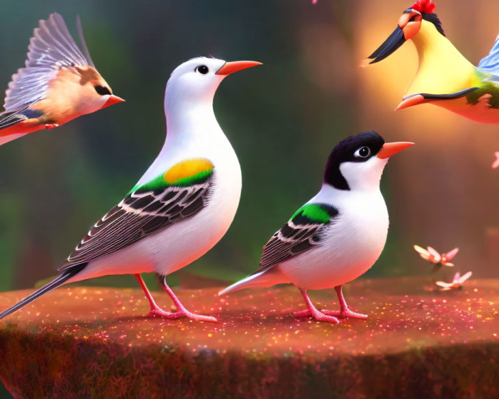 Stylized birds and butterflies in magical forest scene