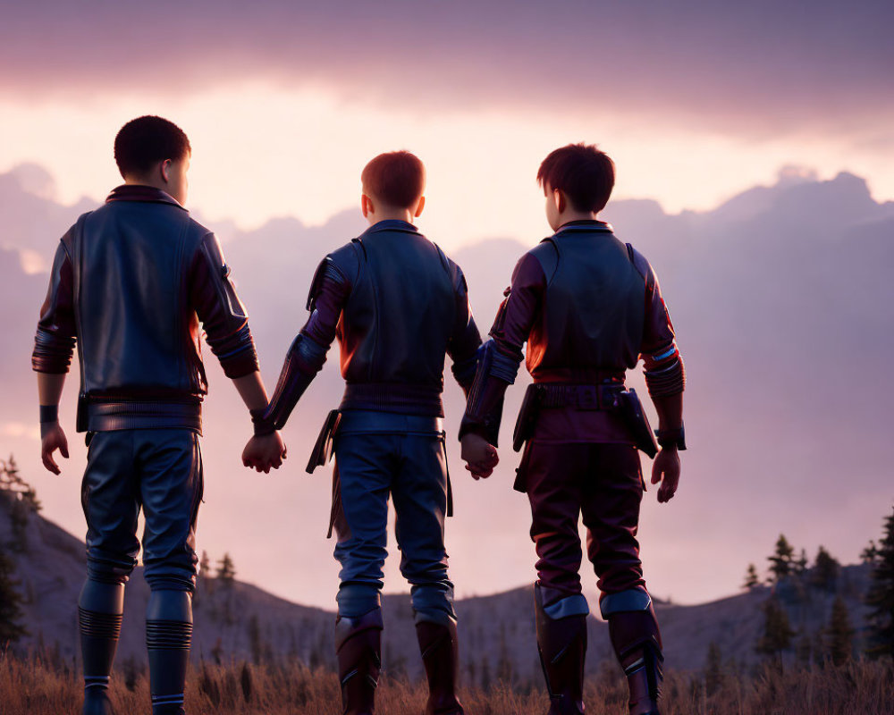 Three individuals in futuristic outfits against purple sunset with forested horizon