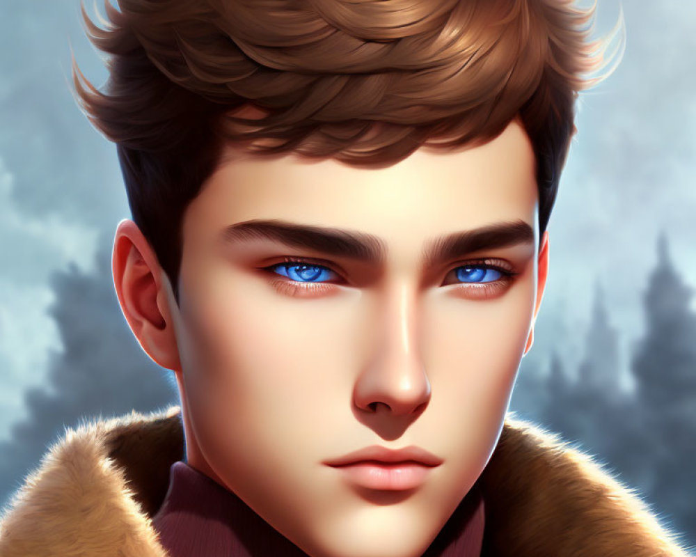 Stylized digital portrait of young man with blue eyes and brown hair