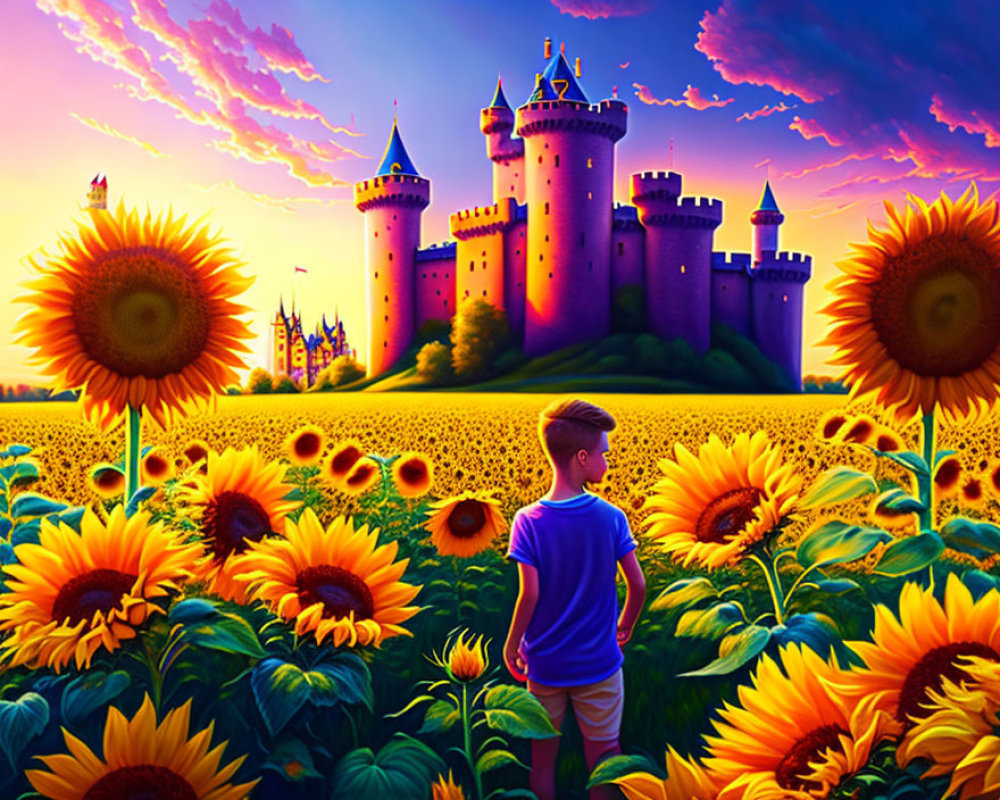 Boy in Sunflower Field with Castle and Sunset Sky