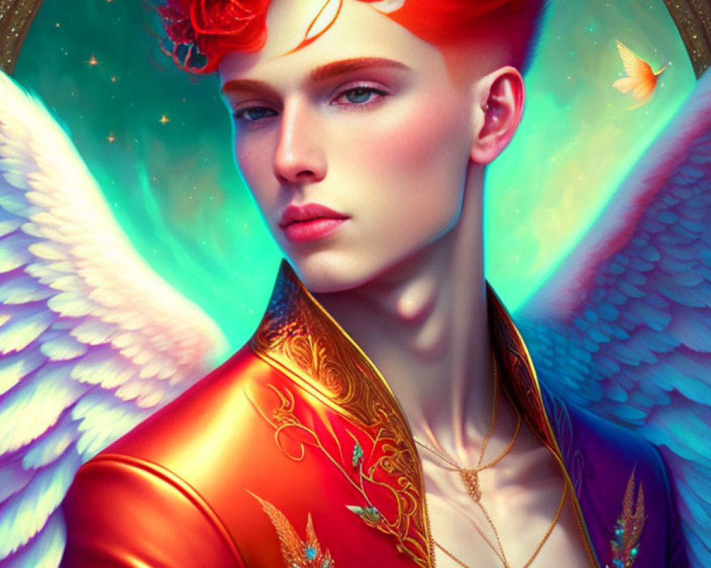 Colorful artwork featuring person with red hair, celestial wings, ornate jacket, and star background