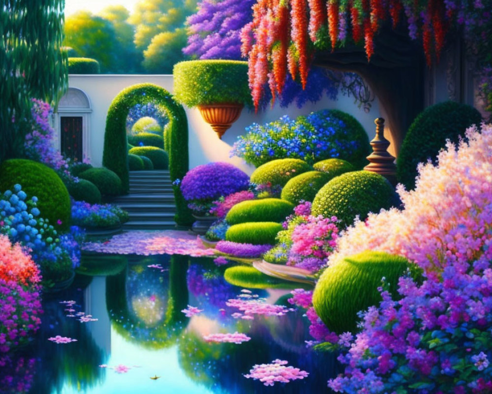 Vibrant garden with topiary shrubs, colorful blooms, wisteria, pond,