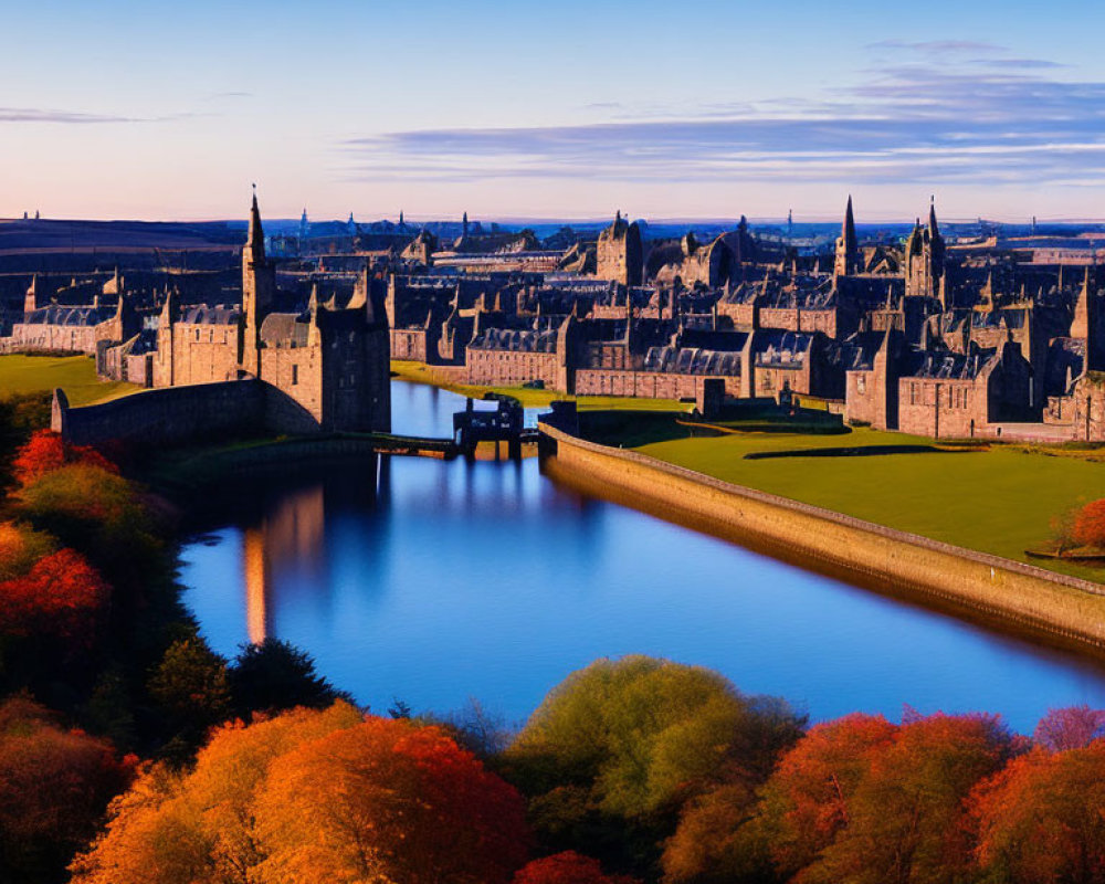 Historic cityscape with castle, spires, river, and autumn trees