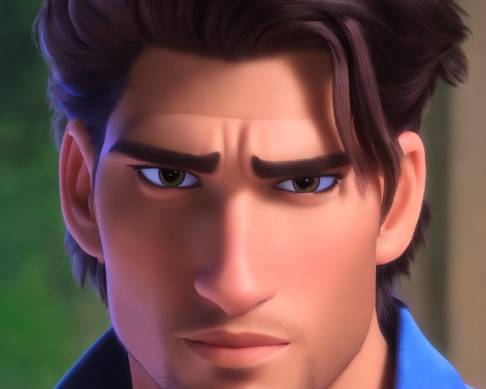 Brown-haired male character with thick eyebrows and blue shirt in 3D animation