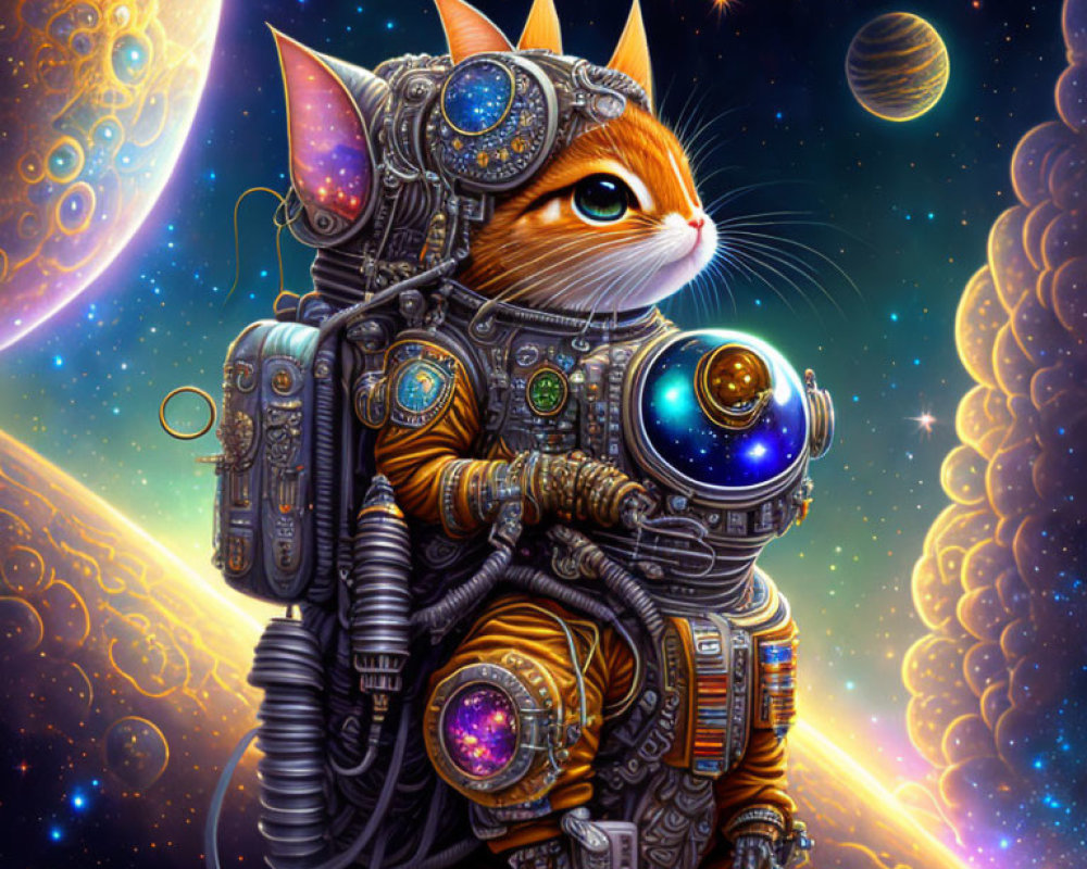 Orange Cat in Futuristic Astronaut Suit with Cosmic Background