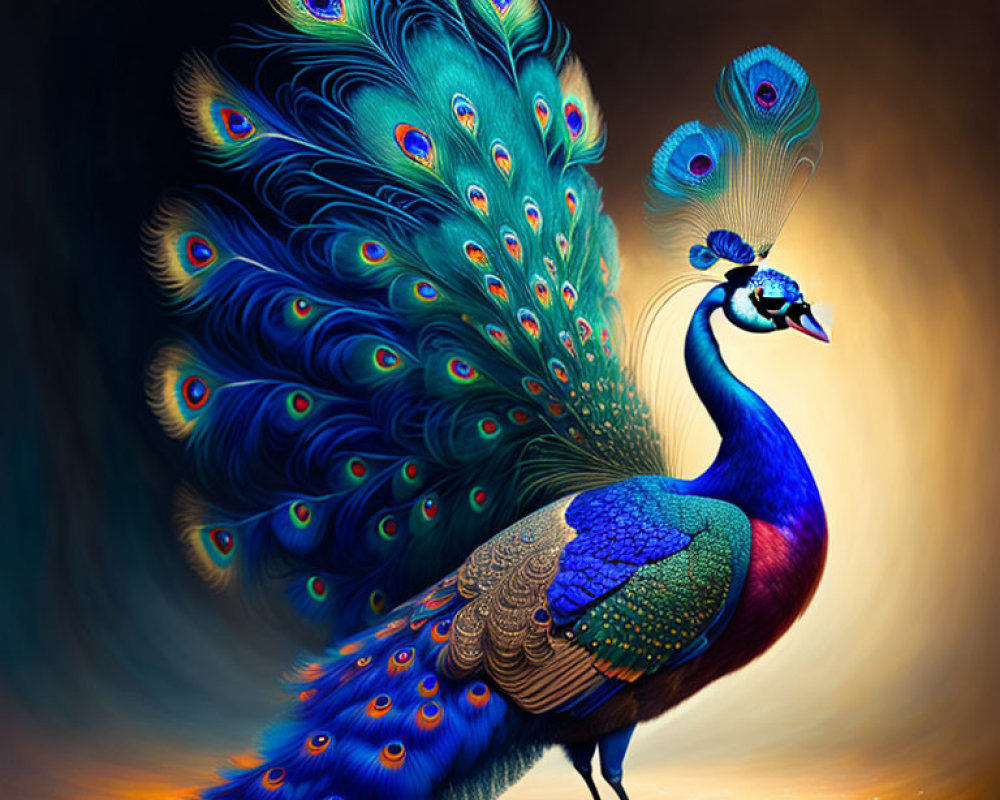 Colorful Peacock Illustration Featuring Brilliant Blues, Greens, and Gold