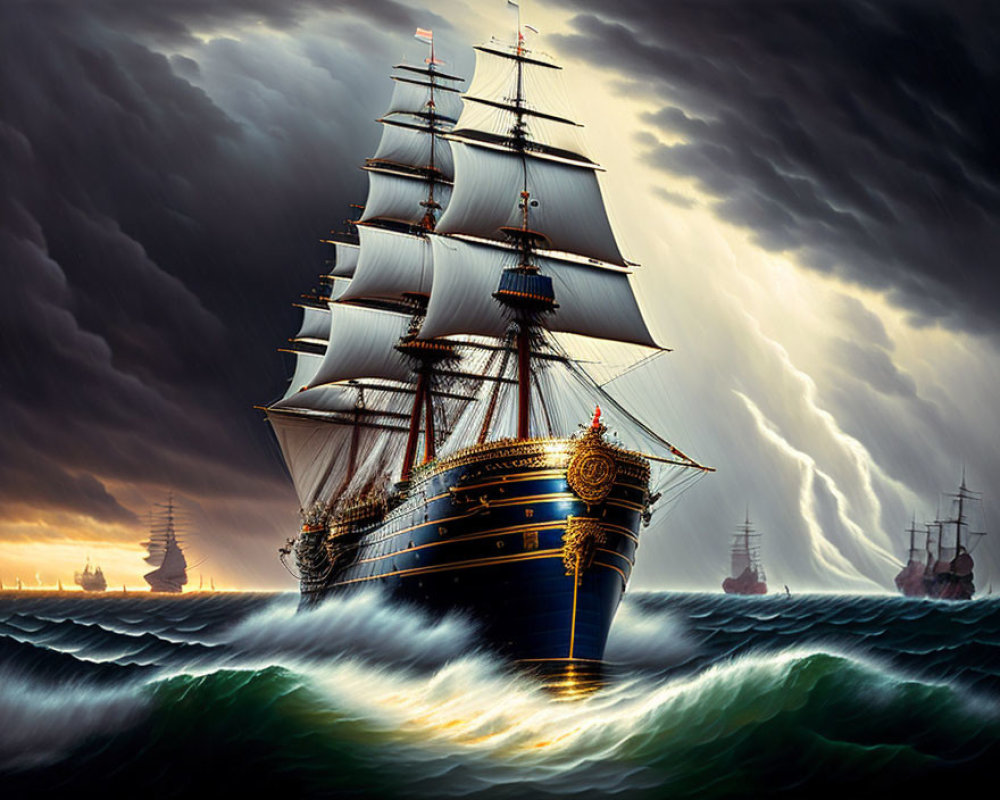 Tall ship with full sails in stormy seas with lightning