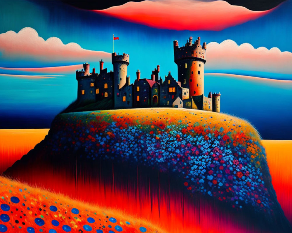 Colorful surreal painting: castle on hill with vibrant flowers under dramatic sky