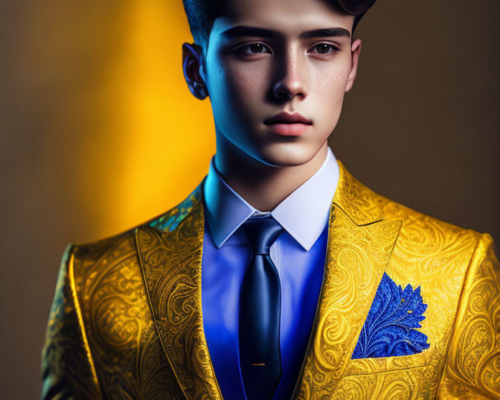 Stylish young man in gold suit jacket with blue shirt and tie