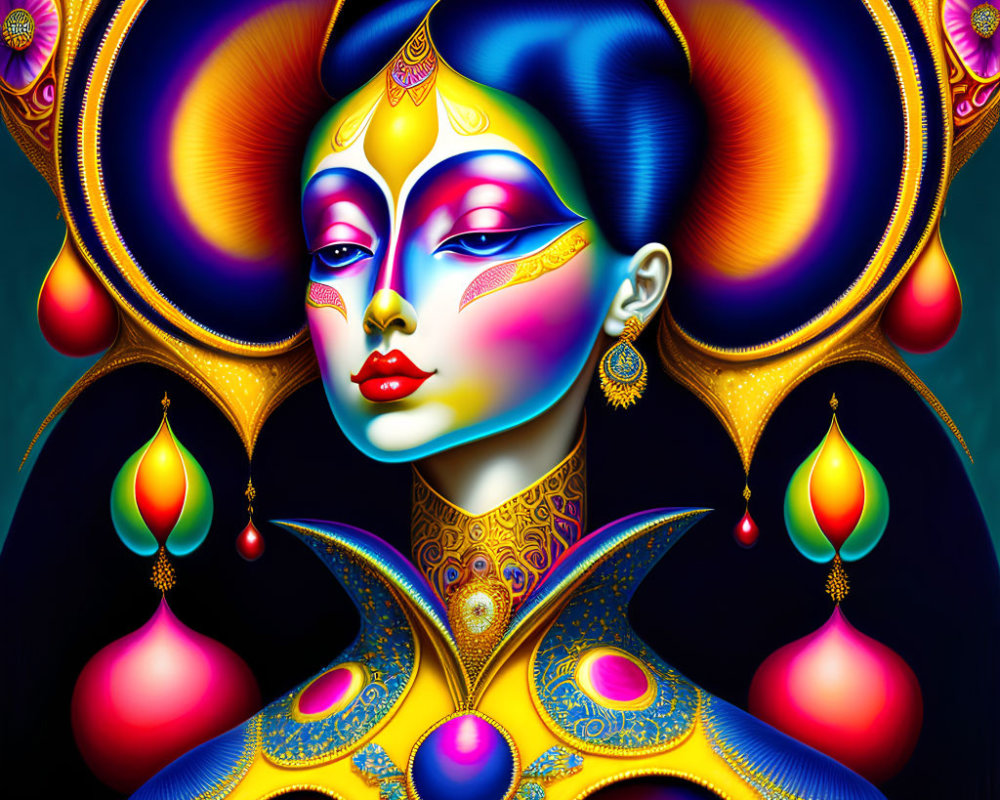 Colorful digital art: stylized woman with blue hair and ornate jewelry on dark background.