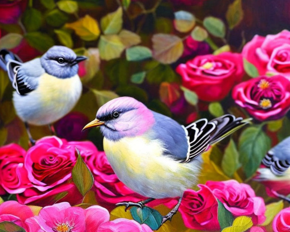 Colorful Birds Among Pink and Red Roses with Dark Foliage