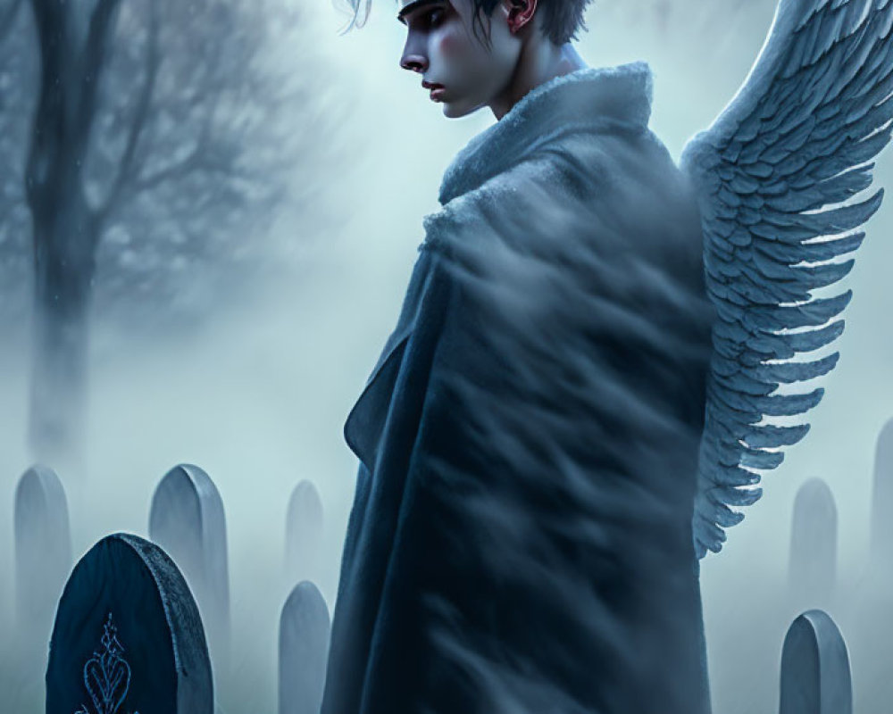 Angel figure in foggy cemetery with feathered wings and grey cloak