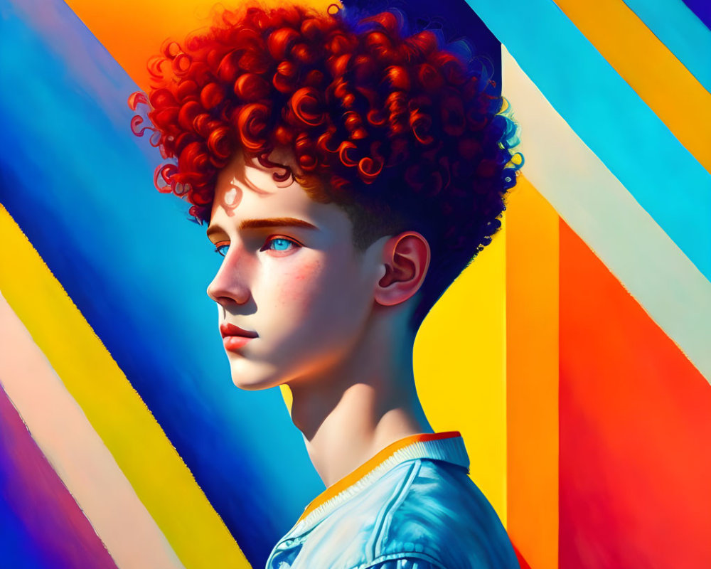 Colorful digital portrait of person with red curly hair and blue eyes.