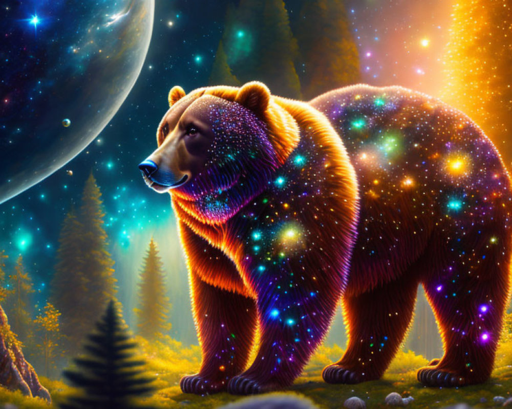 Starry cosmic bear in mystical forest under night sky with planets