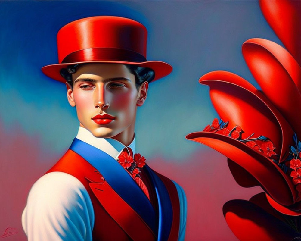 Stylized portrait of a person in red top hat, blue vest, red tie