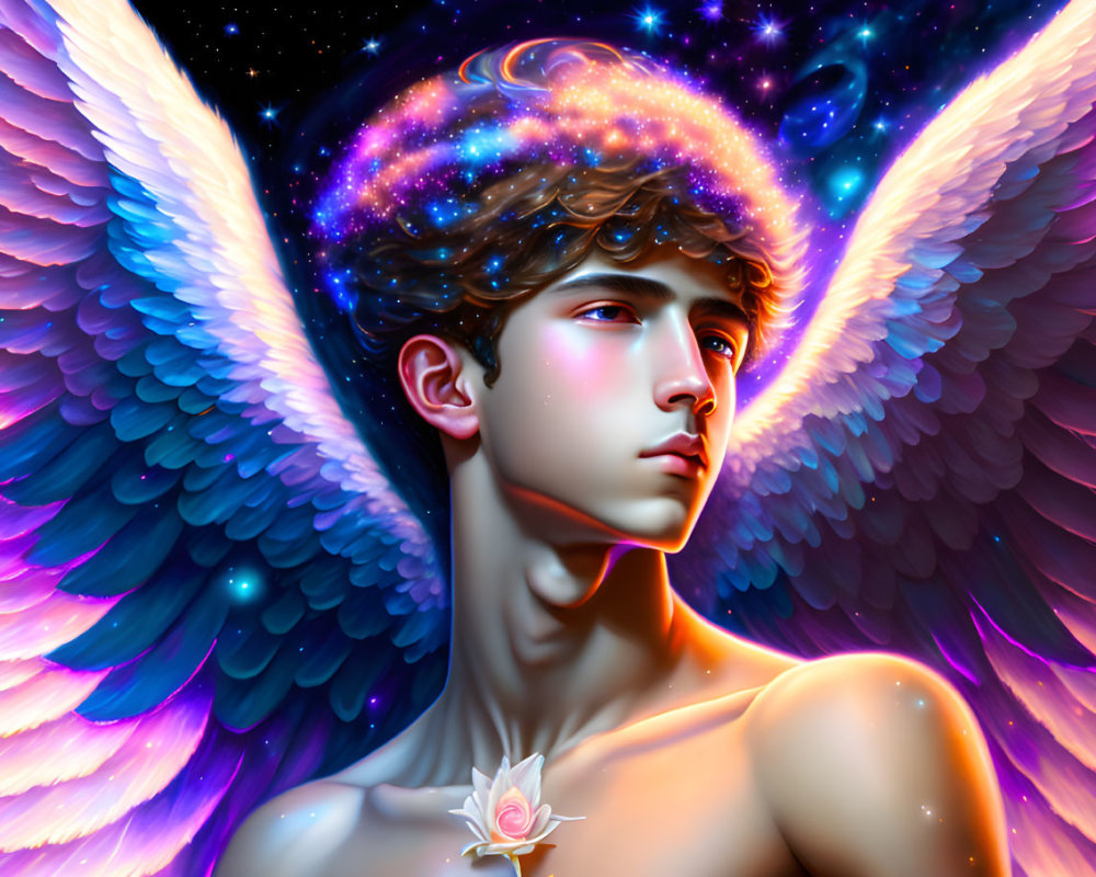 Angel digital artwork with blue wings, cosmic halo, serene expression, white rose