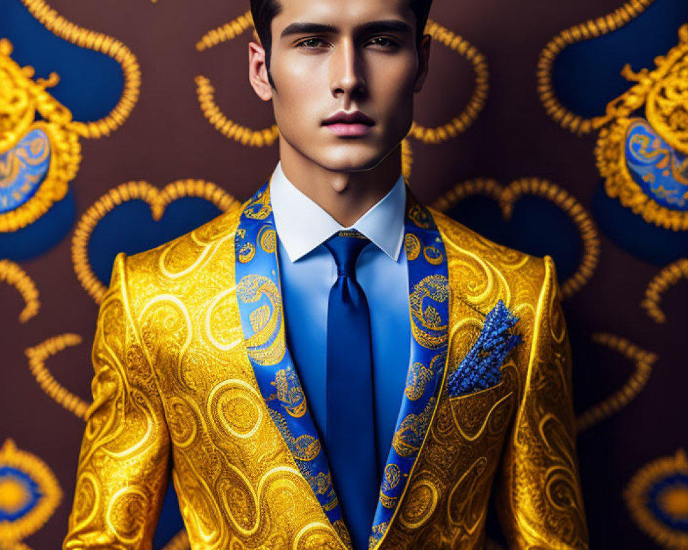 Stylish man in golden suit with blue tie against blue and gold backdrop