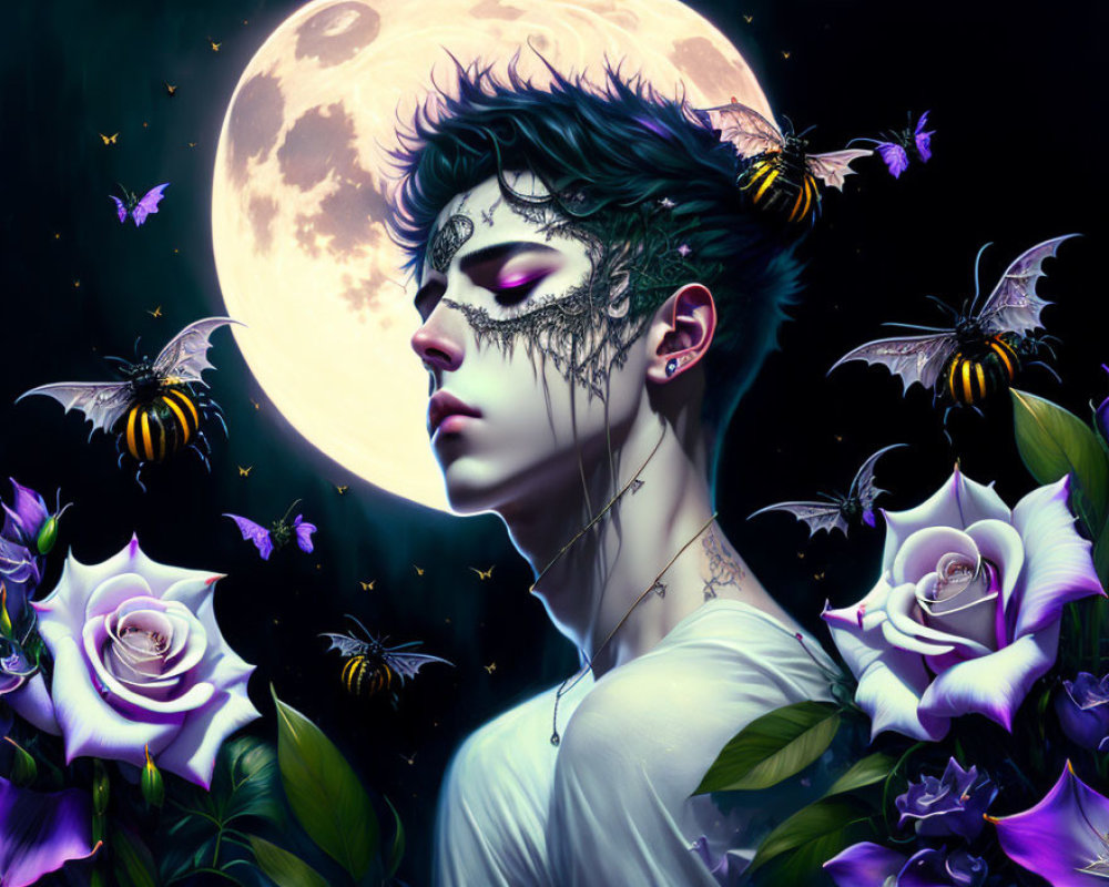 Portrait of Person with Ornate Mask Surrounded by Purple Roses and Bees under Full Moon