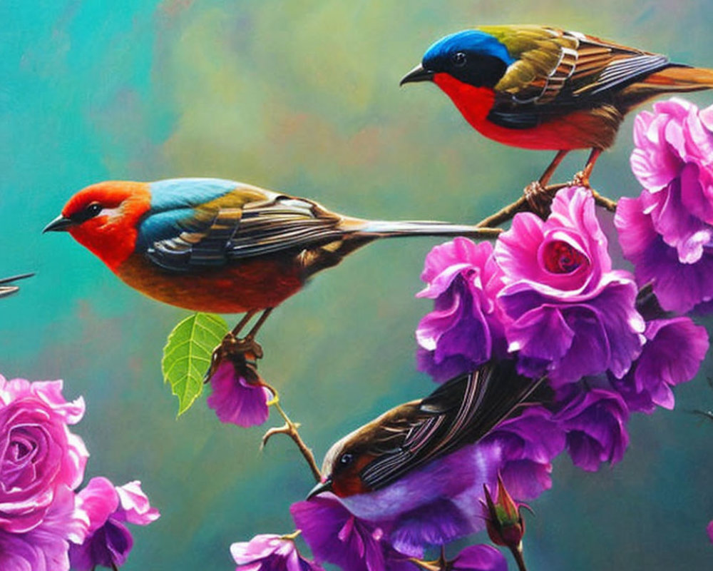 Colorful Birds Perched on Branches with Purple Flowers in Soft-focus Setting