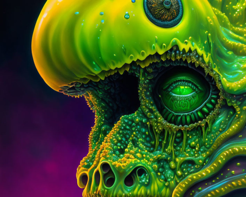 Detailed artwork of green, slime-covered creature with multiple eyes and sharp teeth on intricate skin textures against purple