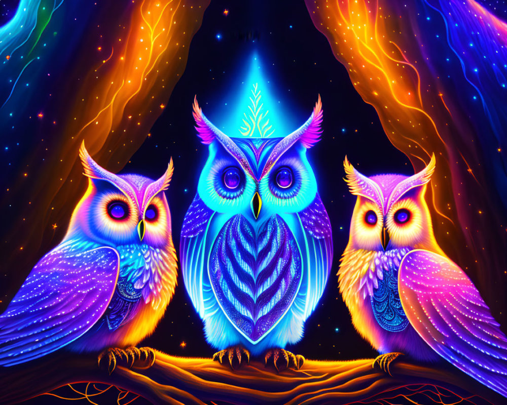 Colorful Owls Perched on Branch Against Cosmic Background