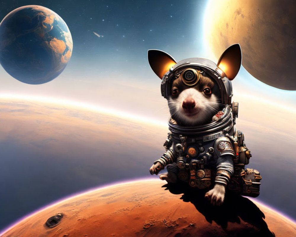 Chihuahua in astronaut suit on Mars-like planet with Earth and moon in background