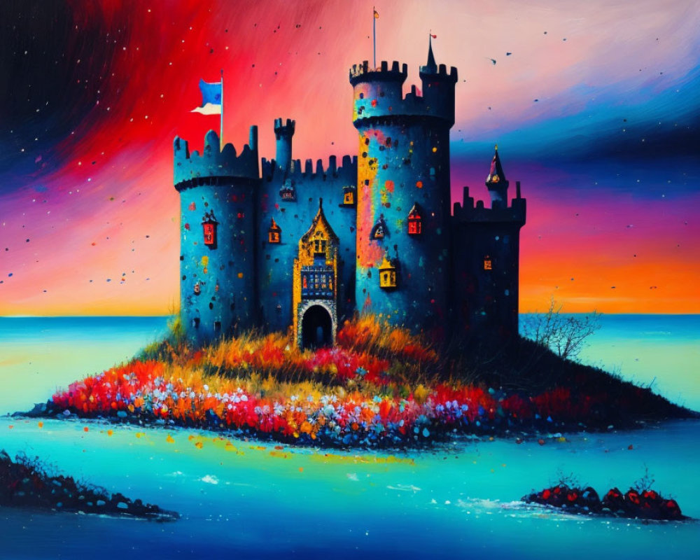 Colorful castle painting on island at sunset with vivid sky and flowing flag