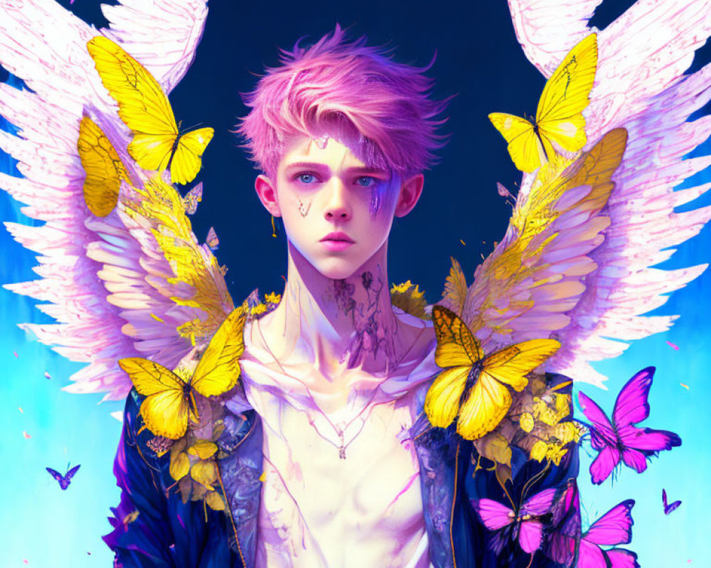 Person with Pink Hair and Butterfly Wings Surrounded by Butterflies on Vibrant Blue Background