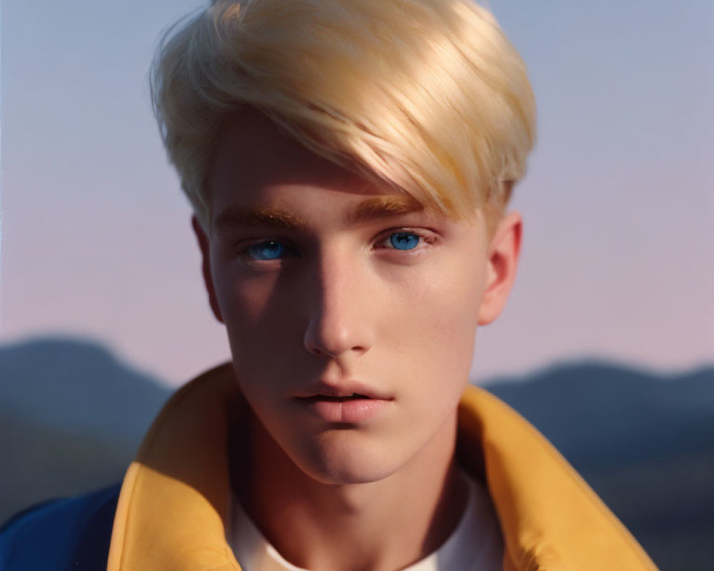 Young male with blond hair and blue eyes in yellow and blue jacket against dusky sky.